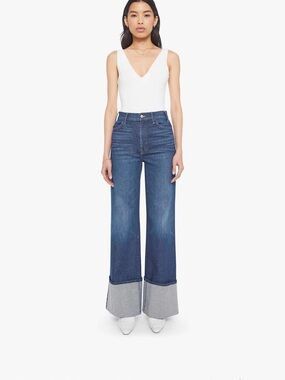 MOTHER High-Rise Wide-Leg Cuffed Dark Blue Jeans